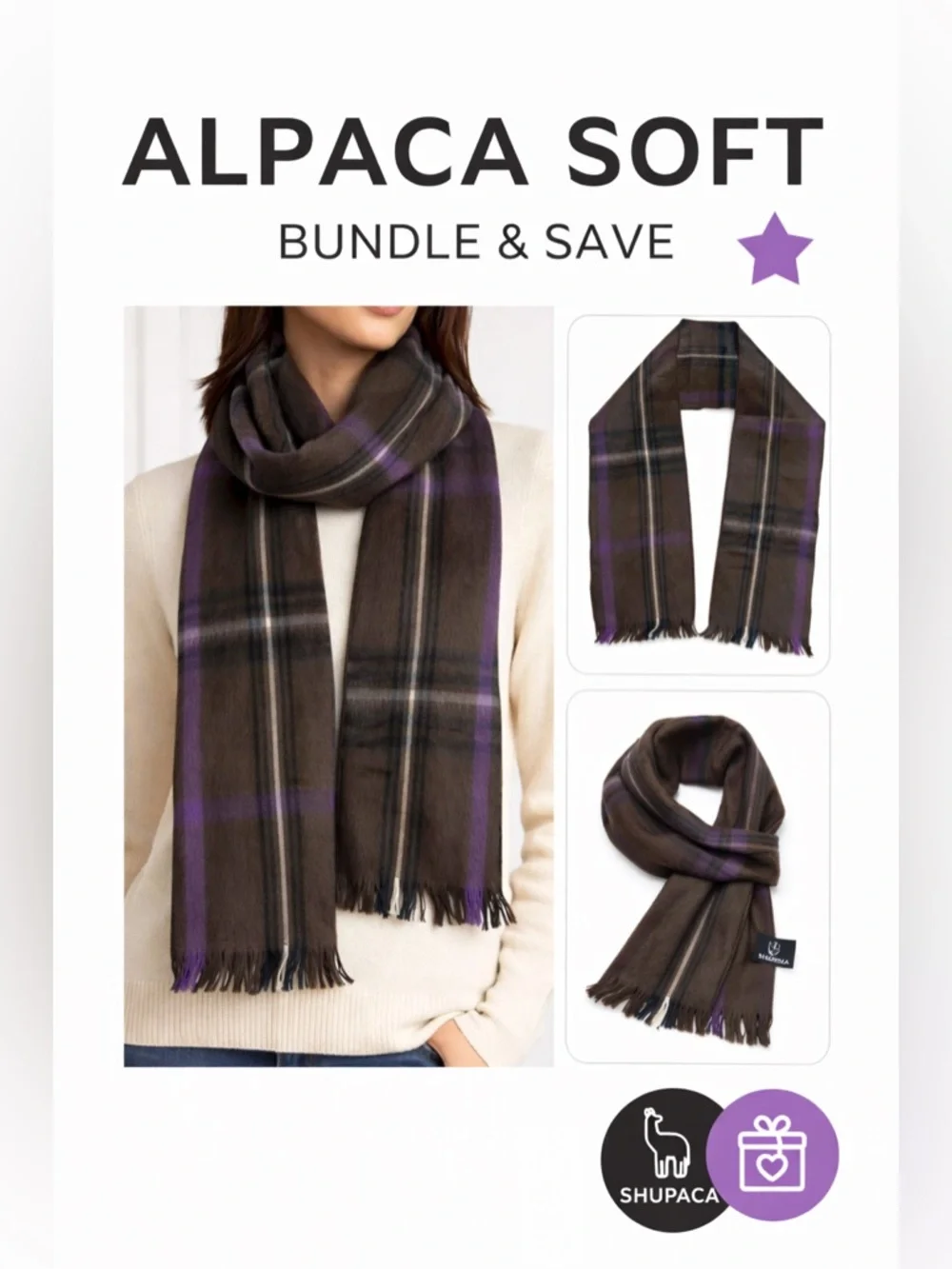 Shupaca Alpaca Scarf Brown Purple Plaid Fringe Handmade Ecuador Soft Winter Wrap